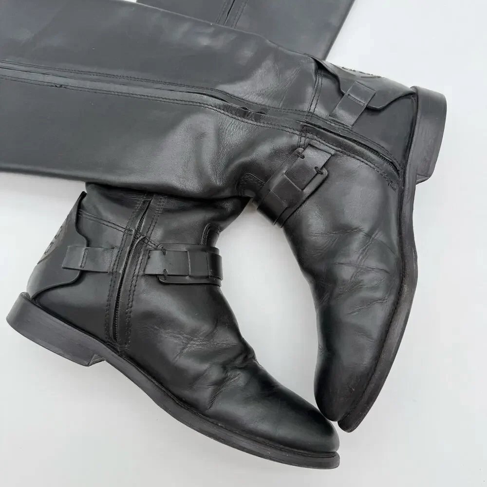 Tory Burch Colton Leather Equestrian Riding Knee High Zip Up Boots Black Size 8